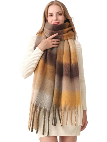 HOTIAN Pañuelo para mujer, invierno, cálido, bufanda gruesa y colorida, con diseño de cuadros, de gran tamaño, bufanda de otoño, bufanda suave y cálida, marrón, Talla única