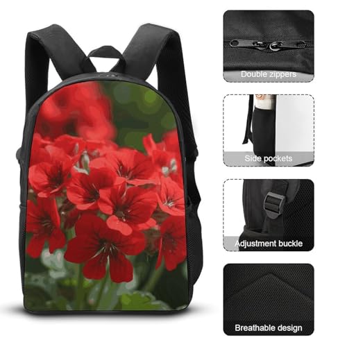3 Piece Backpack for Women Men Lightweight Causal Daypack Shoulder Bag Set with Insulated Lunch Bag And Pencil Case Organizers Red Geraniums3