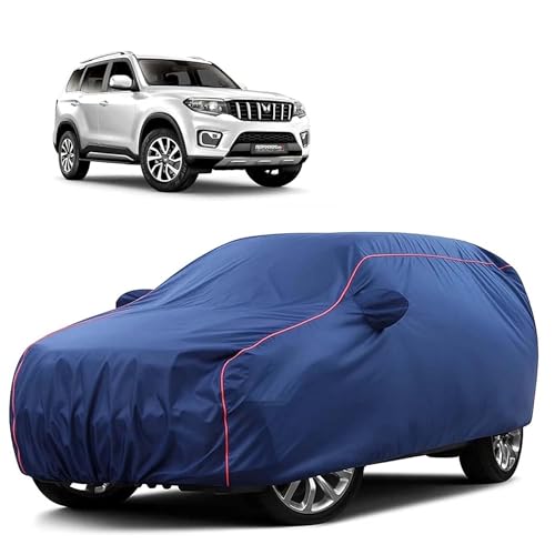 Image of Sulfar 100% Water Resistant Car Body Cover Compatible with Mirror for Mahindra Scorpio N (Triple Stitched, Full Bottom Elastic, Blue Tafetta with Red Piping)