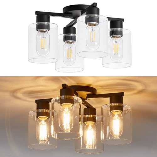 YYT Semi Flush Mount Ceiling Light Black 4-Light Kitchen Ceiling Light fixtures Kitchen Lighting Fixtures Cieling with Glass Shade for Bedroom Foyer Dinning Room by YYT - Used condition - US$30.09