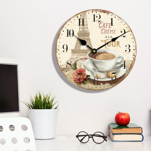 HQF French Wall Clock,16" Silent Wall Clocks Cafe & Paris Tower Style Vintage Rustic Clocks Farmhouse Clock Upgraded Movement MDF Wooden for Living Room Bedroom Kitchen Decor