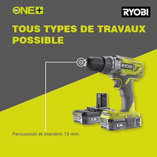 RYOBI Perceuse visseuse à percussion sans fil 18V ONE+™™ avec 2 batteries lithium+ 1 5 Ah R18PD3 - vue 2