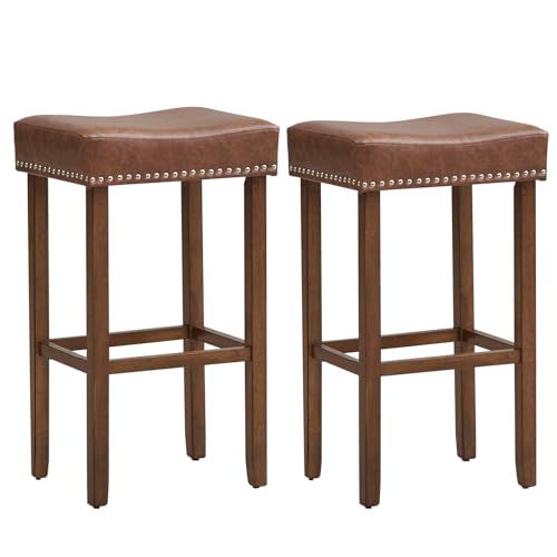 COSTWAY Bar Stools Set of 2, Solid Wood Saddle Stools with PU Padded Seat, Footrest & Anti-slip Pads, Upholstered Counter Height Breakfast Kitchen Stool for Home Pub (Brown, 44x33x74cm)
