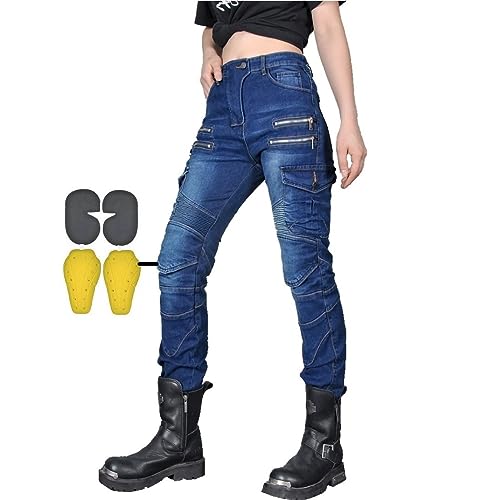 CBBI-WCCB Damen Moto Jeans Motorrad Hose mit Protektoren Motorradhose Mit Reißverschluss (DE/NL/SE/PL, Bundweite & Schrittlänge, 28, 31, Blau)