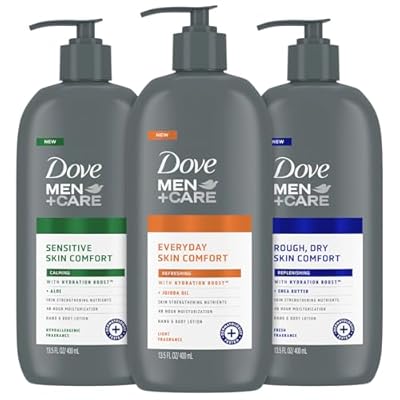 Dove Hand & Body Lotion, MenCare Variety Pack Rough Dry Skin Comfort with Shea Butter, Sensitive Skin Comfort with Aloe Vera, Everyday Skin Comfort with Jojoba Oil, 13.5 Oz Ea 3 Piece Set
