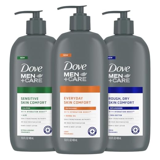 Dove Hand & Body Lotion, Men+Care Variety Pack – Rough Dry Skin Comfort with Shea Butter, Sensitive Skin Comfort with Aloe Vera, Everyday Skin Comfort with Jojoba Oil, 13.5 Oz Ea (3 Piece Set)