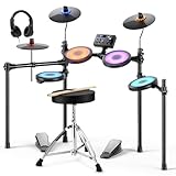Donner DED-70L Electronic Drum Set with LED Light Up Quiet Mesh Drum Pads & 9" Cymbals, 150 Sounds, 15 Drum Kits, USB MIDI, Type-C Charging, 2 Pedal, Throne, Headphones, Sticks, Melodics Lessons
