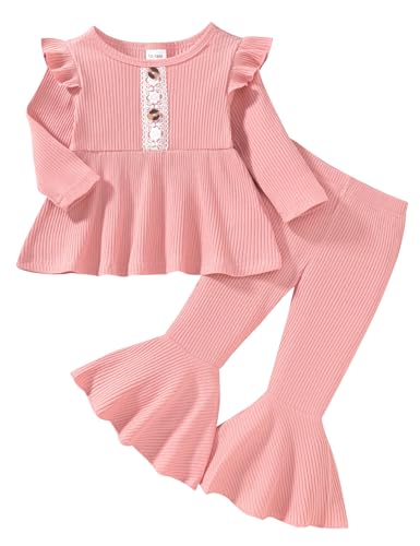 GiHaood Baby Kleidung 2-teiliges Set Flatterärmel Rippen-Outfits Glockenbodenhosen Süßes Pink Neugeborenes Mädchen Herbstoutfits 12 Monate