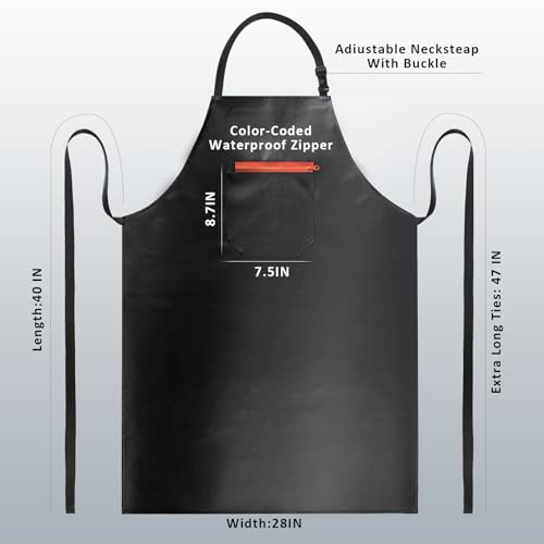 Buatacme Waterproof Apron, Heavy Duty Extra Long Rubber Vinyl Apron with Pocket for Men, Adjustable Dishwasher Chemical Resistant Aprons for Dishwashing, Cooking, Butcher, Lab, Gardening