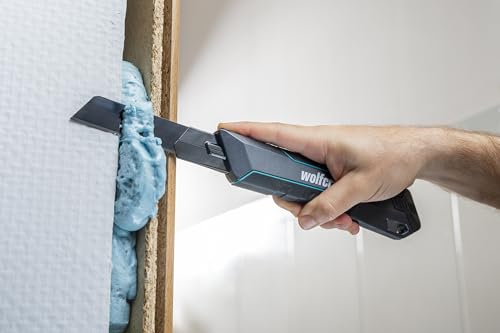 wolfcraft Cuttermesser PRO SAFETY, 25 mm - mit optimale Ergonomie für Links- und Rechtshänder - Extrascharfes Profimesser - Abbrechklingenmesser 4291000
