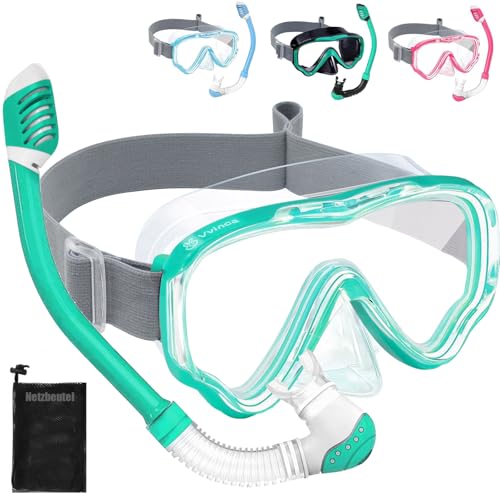 Vvinca Schnorchelset Kinder ab 4-14 Jahre Taucherbrille mit Schnorchel Tauchset Mädchen Jungs 180Anti-Fog Anti-Leck Verstellbare Elastische Schwimmbrille Schnorchelmaske Dry Schnorchel Grün