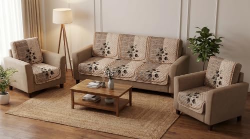Image of KINGLY Quilted Velvet Sofa Cover Beige 3+1+1 5 Seater Anti Skid Pipe