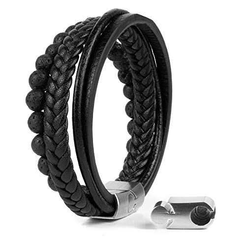 Preisvergleich Produktbild Akitsune Bellum Synthetisches Perlen Lederarmband / Magnetverschluss aus Edelstahl - Geflochtenes Männer Herren Armband inkl. schöner Schmuckschachtel - Silber-Schwarz - 21cm
