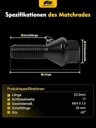 20 Stück MIKKUPPA Radschrauben Radbolzen M14x1,5 - Schaftlänge: 28mm,Kegelbund 60°,Schlüsselweite :17mm (Schwarz)