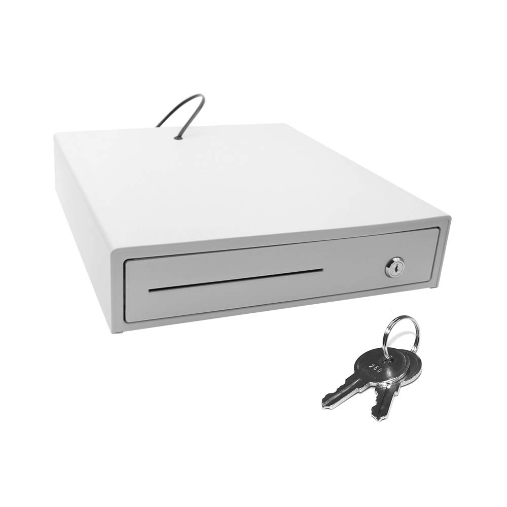 Walmeck Cajón de Efectivo Resistente, 4 Rejillas, 3 Secciones, Caja Registradora POS con Bandeja para Dinero y Cerradura para Tienda Minorista de Pequeñas Empresas (Blanca)