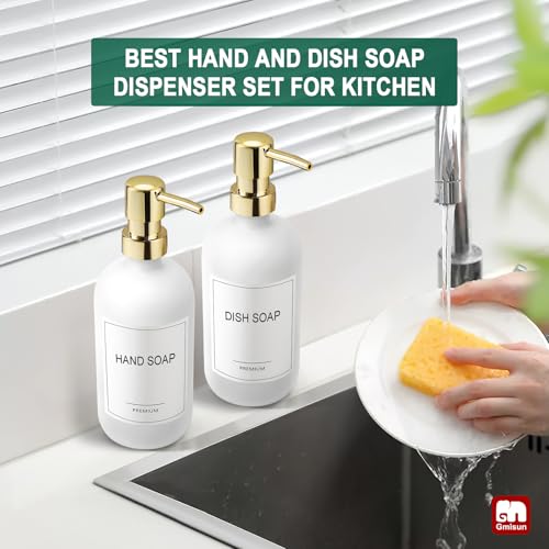 GMISUN White Soap Dispenser, 2 Pack Glass Hand Soap Dispensers Bathroom with Gold Pump, 17 Fl Oz Dish Soap Dispenser Set for Kitchen, Refillable Modern Liquid Soap and Lotion Dispensers Bottle by gmisun - Used condition - Image 6