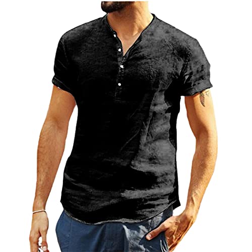 Chemise en lin homme manches courtes noir L vêtement été respirant et léger