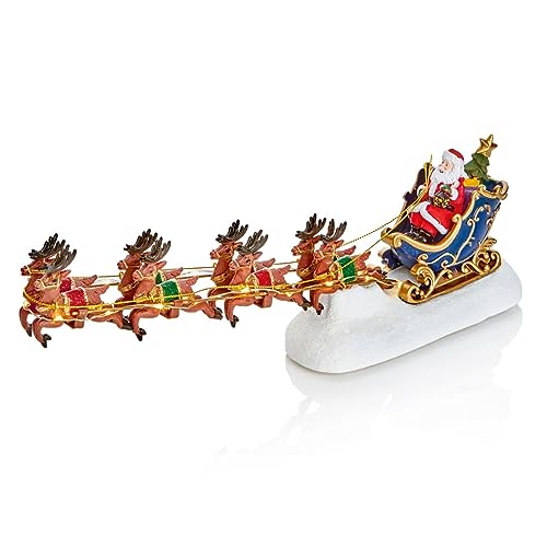 Figurine clignotante LED Père Noël et traîneau avec 8 rennes, décoration de 34 cm de long