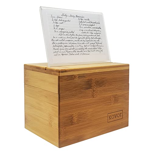 Kovot Natural Bamboo Recipe Box Organizer with Acrylic Card Holder - Store and Organize Your Favorite Recipes