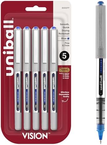 uni-ball Vision Rollerball Pens, Fine Point (0.7mm), Blue, 5 Count
