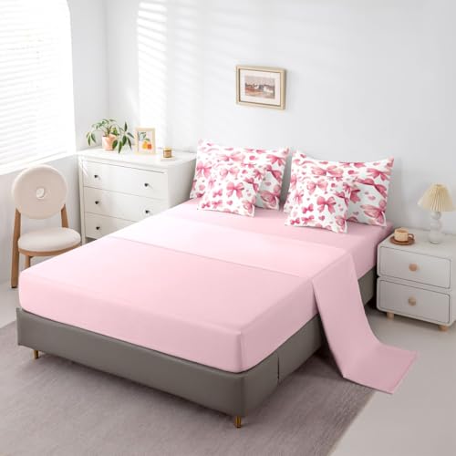 Image of Pink Bow King Size Comforter Set with Sheets | Watercolor Bow 7 Piece Bedding Set Dreamy Princess Bowknot Bed in a Bag, Cute Love Hearts Room Decor,Light Pink Room Decor Aesthetic