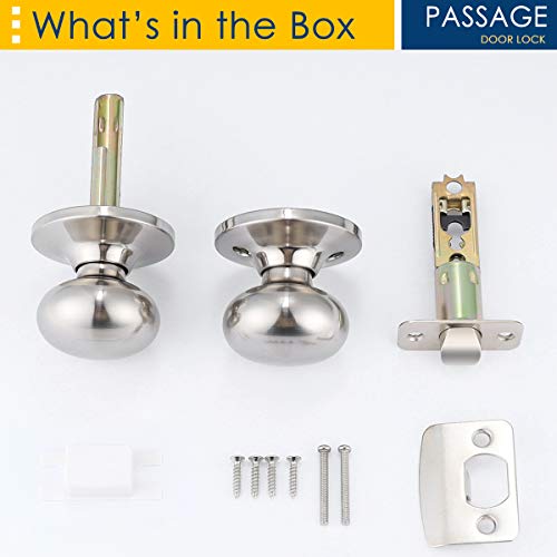 Home Improvement Direct 10 Pack Passage Door Knobs Keyless Satin Nickel Interior Knobs Stainless Steel Non-Locking Handles For Hall/Closets, Biscuit Round Ball Style Door Knobs #TOP6