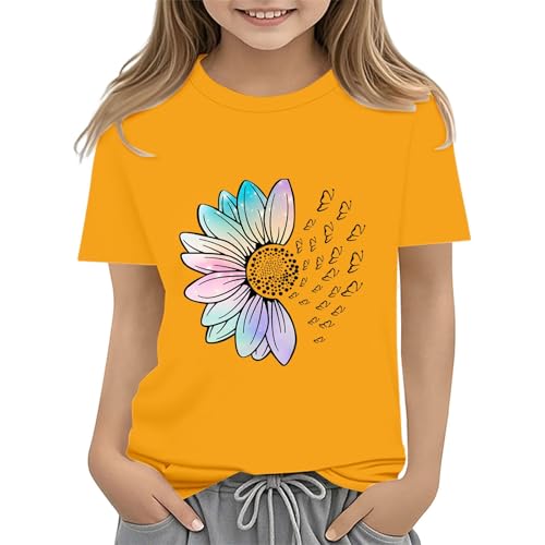 Girls Loose Fit Sunflower Graphic T Shirts Short Sleeve Crewneck Cute Pattern Printed Tops Kids (A-Yellow, 10-11 Years)
