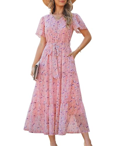 Annebouti Maxi Spring Summer Wedding Guest Dresses for Women 2026 Pastel Easter Boho Chiffon Button Up A Line Casual Beach Vacation Garden Party Long Dress with Pockets Pink Floral L