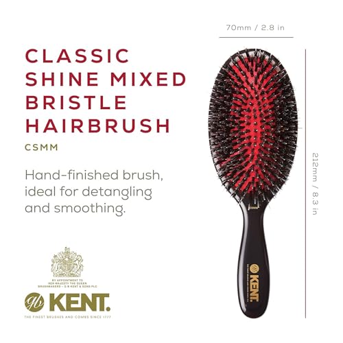 Kent CSMM 7.75" Classic Shine Medium Oval Cushion Straightening Brush - Natural Black Boar Bristle Hair Brush with Nylon Quills - Shine Hair Brush and Scalp Scrubber for Shoulder to Mid Length Hair