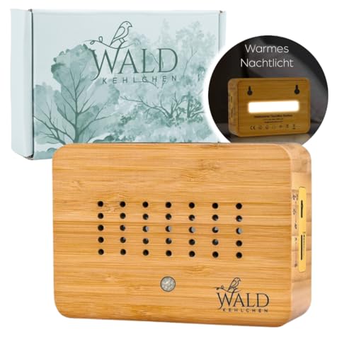WALDKEHLCHEN® - Vogelgezwitscher Box Toilette Bewegungsmelder aus echtem Bambus Vollholz - Naturgeräusche Box mit Nachtlicht und Touchfunktion - Nachhaltiger Vogelzwitscher Bewegungsmelder mit Timer