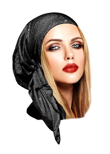 ShariRose Pre-Tied Headscarf Tichel Headwear for Women Textured Knit with Sparkles Collection! Handmade (Black Sparkle Short)