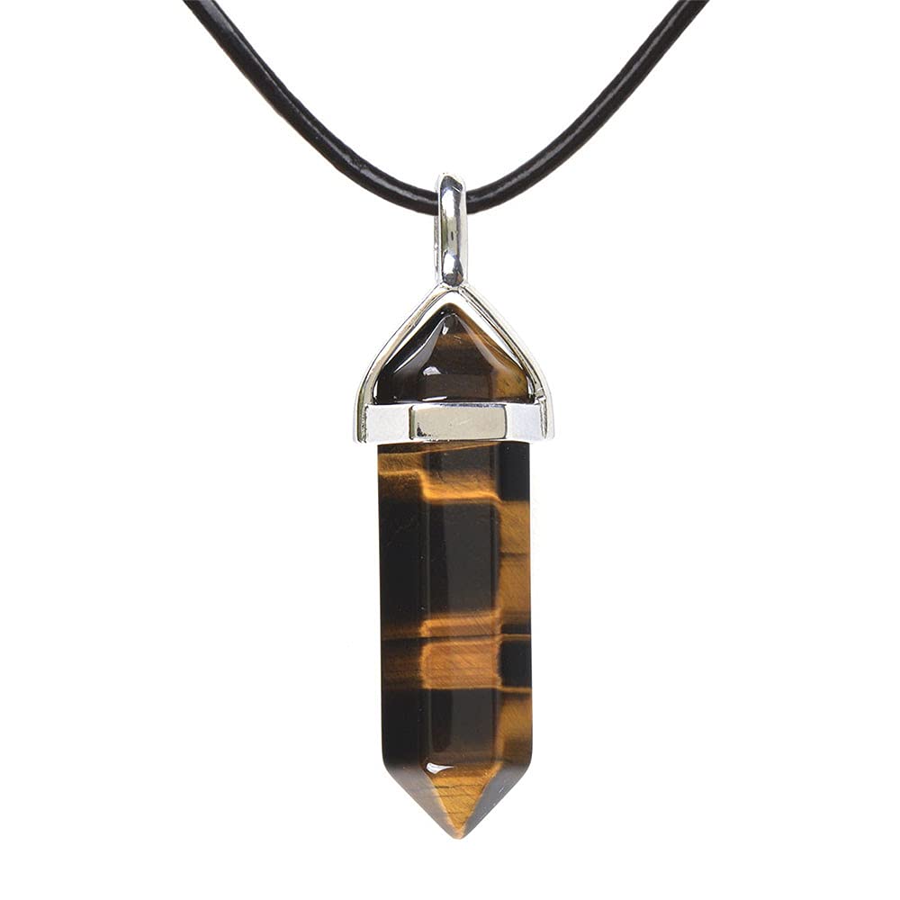 Justinstones Natural Gemstone Hexagonal Pointed Reiki Chakra Pendant Genuine Leather Necklace 18" - Image 2