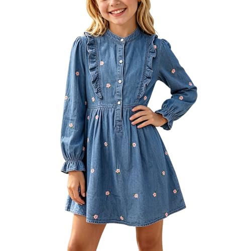 Image of Girls Denim Dress 4-5Years Button Down Jean Dresses with Puff Sleeves