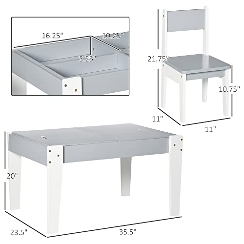 Qaba 3 Pcs Kids Table And Chair Set With Storage Under Tabletop, Activity Table And 2 Chairs, Kids Drawing Table For Playroom Furniture, Grey #TOP2