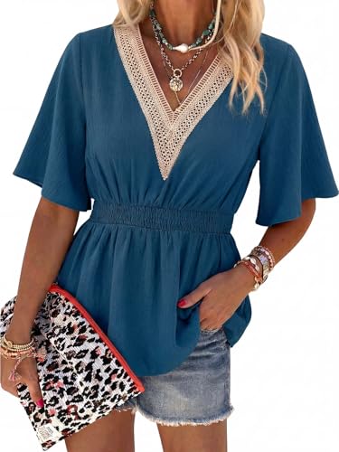 HEYTALALA Womens Peplum Tops Summer Lace Short Sleeve Smocked Blouses Dressy Casual Babydoll Shirts Blue