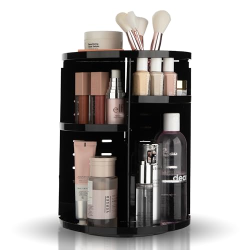 360 Rotating Makeup Organizer - Adjustable Shelf Height and Fully Rotatable. The Perfect Cosmetic Organizer for Bedroom Dresser or Vanity Countertop. (Black)