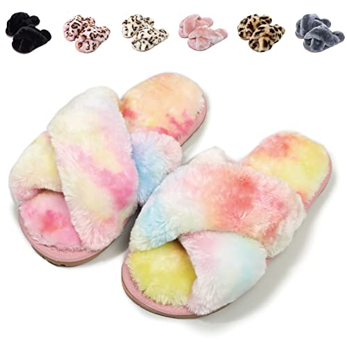 Fadezar Girls Fluffy Slippers Warm Plush Memory Foam Slippers for Kids Cute Leopard Print House Slipper Open Toe Slip on Slider Slipper Colourful UK 2/3 (CN 36/37)