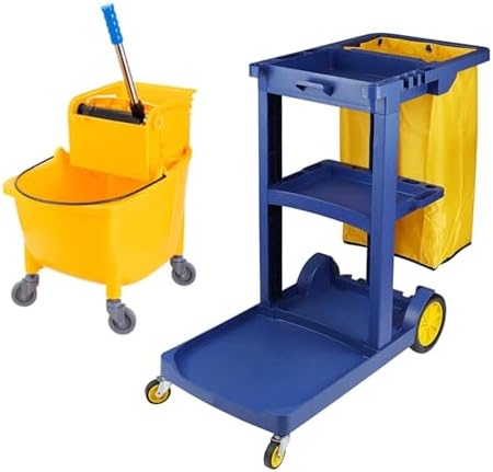 Heavy-Duty Commercial Janitorial Cart with Wheels | Housekeeping Trolley | 3 Adjustable Shelves | 22 Gallon Vinyl Bag | 110 lbs Capacity for Efficient Cleaning