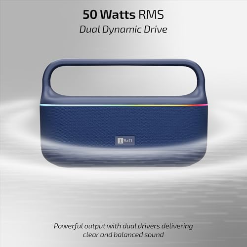 Image of iBall Dhun 180 Portable Bluetooth Speaker, 50W RMS, 5Hrs Playback, Dual Drivers, Dual EQ, Metal Handle, Powerful BASS, TWS Support, RGB Lights, Fabric Finish, Type-C, Call Function (Blue)