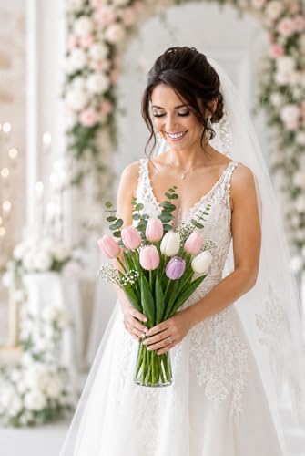 Image of Divyakosh Artificial Flowers for Vase (Vase Not Included) - Luxury Tulip Flower Bouquet with Eucalyptus & Baby's Breath, Faux Floral Arrangement for Home Decor, Living Room, Dining Table, Office