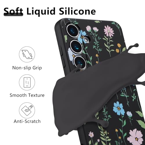 RALEAVO Case for Samsung Galaxy S25 Plus,Cute Floral Cover with Cosmos Flower Pattern Liquid Silicone Phone Cover for Girls Women Slim Soft Rubber Protective for S25 Plus Phone Case,Black by RALEAVO - Image 2