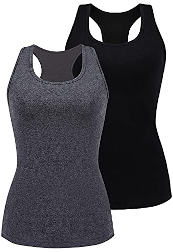 V FOR CITY Tank Tops for Women with Built-in Bra Racerback Yoga Shirts Sleeveless Cotton Layering Tanks 2 Pack Black Gray