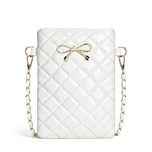 WisePoint PU Leather Cross Body Bag, Metal Bow Phone Bag with Zipper, Fashion Shoulder Bag for Woman for Vacations (White)
