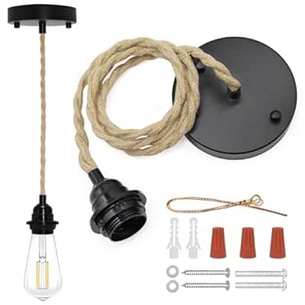 Hemp Rope Pendant Light Kit, Boho Vintage Ceiling Light Fixture with E26 Socket, Adjustable Hanging Light for Kitchen & Farmhouse