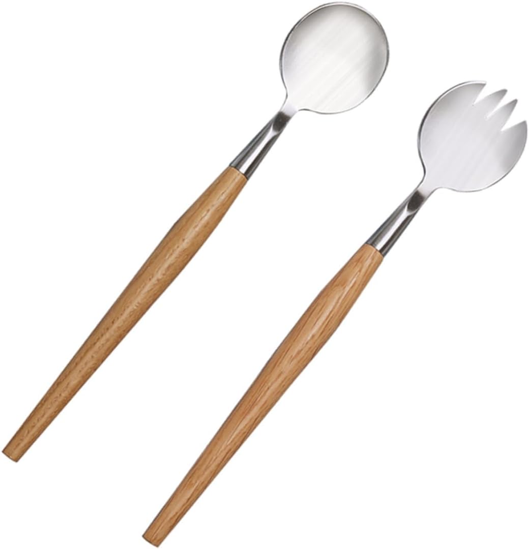 2pcs Salad Servers Set Stainless Steel Fork and Spoon Wooden Handle Silverware for Kitchen School Party