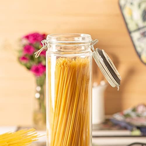 Argon Tableware 6x 2000ml (2 Litre) Clear Glass Spaghetti Jars with Black Airtight Silicone Seal and Metal Clip Lids - 70.3oz Empty Tall Pasta Kitchen Containers