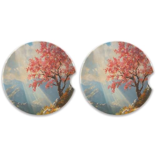 SKYSHU Juego de 2 posavasos redondos de hojas de árbol de otoño para bebidas, soporte de taza de cerámica absorbente con base de corcho y agarre para la punta de los dedos para una fácil limpieza en
