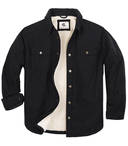 Pearl snap Men's Sherpa Lined Flannel Quilted Jacket Long Sleeve Cotton Button Up Down Jacket Winter Shirts