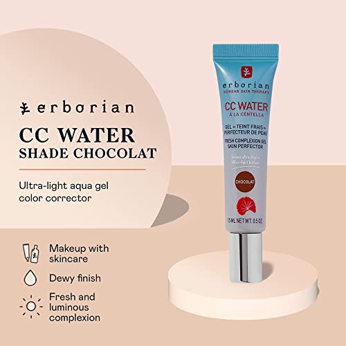 Erborian Color Correcting Cc Water With Centella Asiatica, Chocolat - Light Aqua Gel Facial Concealer With Illuminating Finish Soothes And Hydrates - Spf Korean Skincare Skin Perfector - 0.5 Oz #TOP1