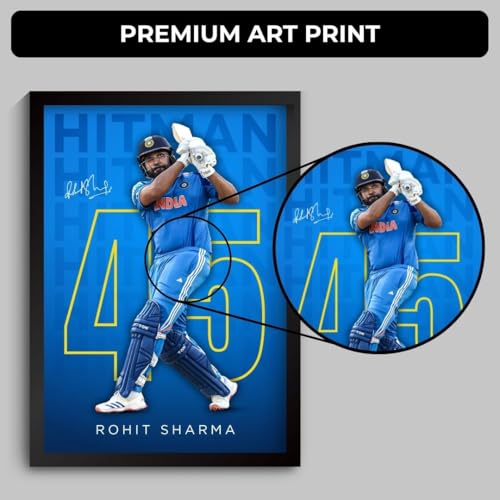 Image of Rohit Sharma Framed Poster | HITMAN 45 Wall Art | Indian Cricket Team Memorabilia | Cricket Fan Gift | Sports Room Decor | Premium Framed Cricket Poster (F 016)